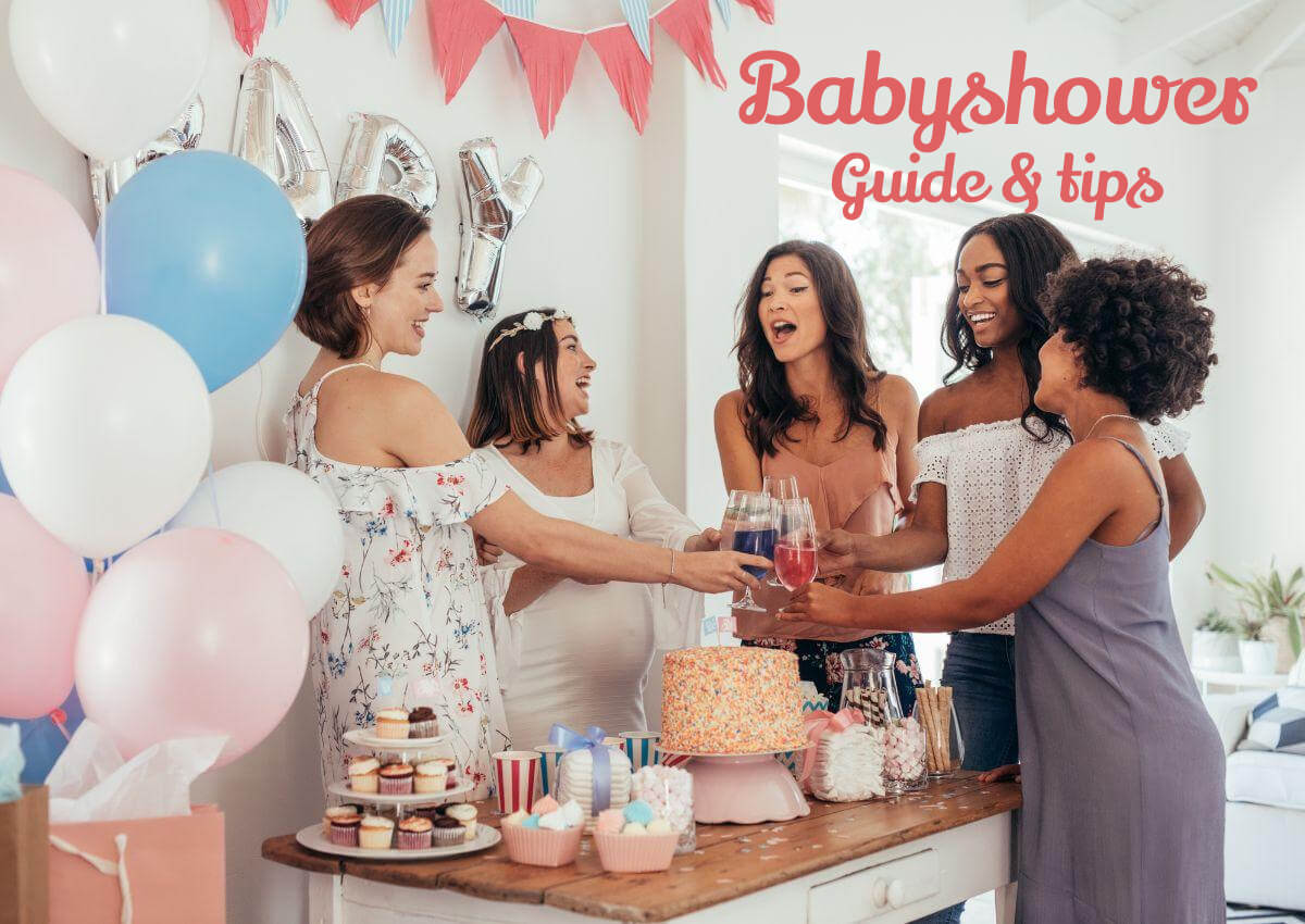 Kvinnor firandes babyshower med texten: Babyshower Guide & tips
